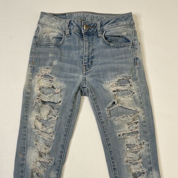 American Eagle 00 Hi Rise Jegging 360 Super Stretch Destroyed Denim Jeans 23x28 - Picture 4 of 16